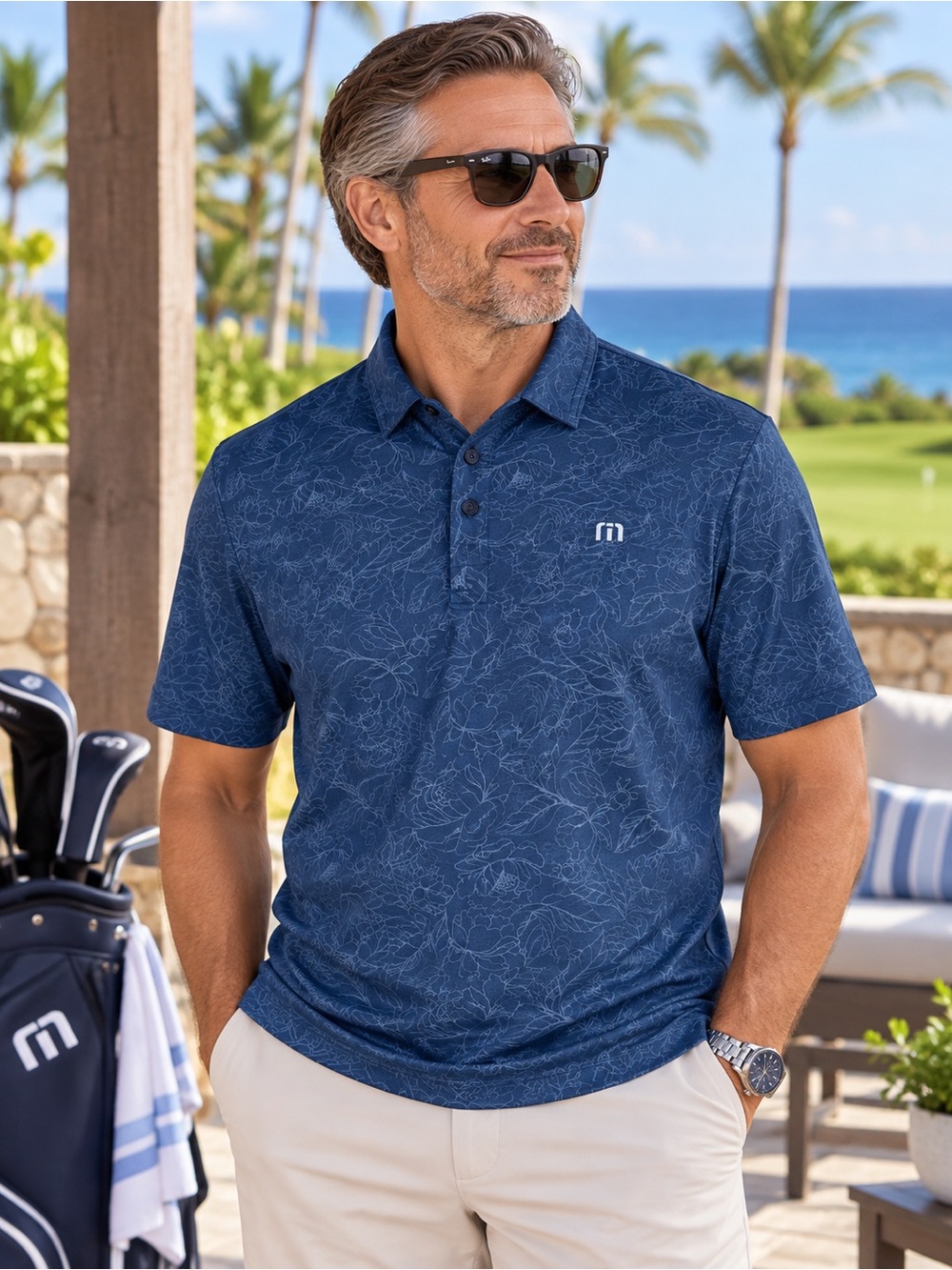 TravisMathew Men’s Floral Golf Polo Blue Cotton Blend Size M
